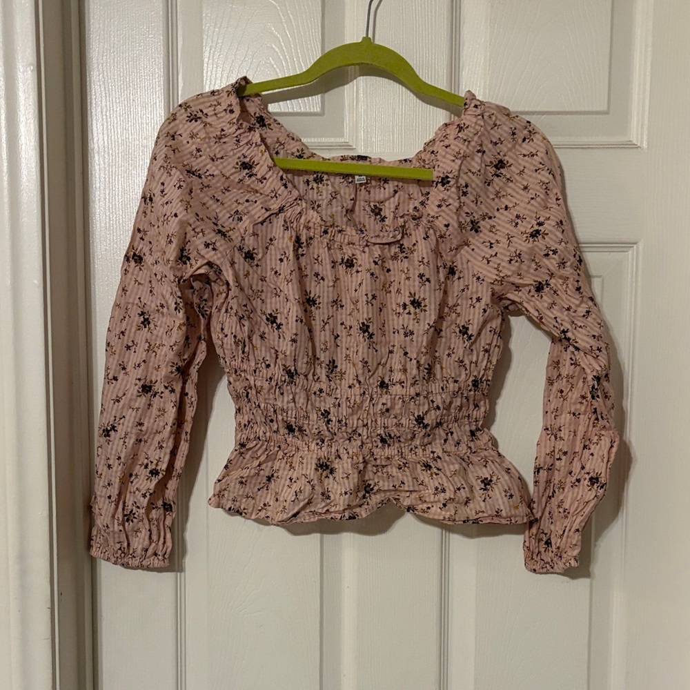 Smocked Long-Sleeve Peplum Top - Blush Floral